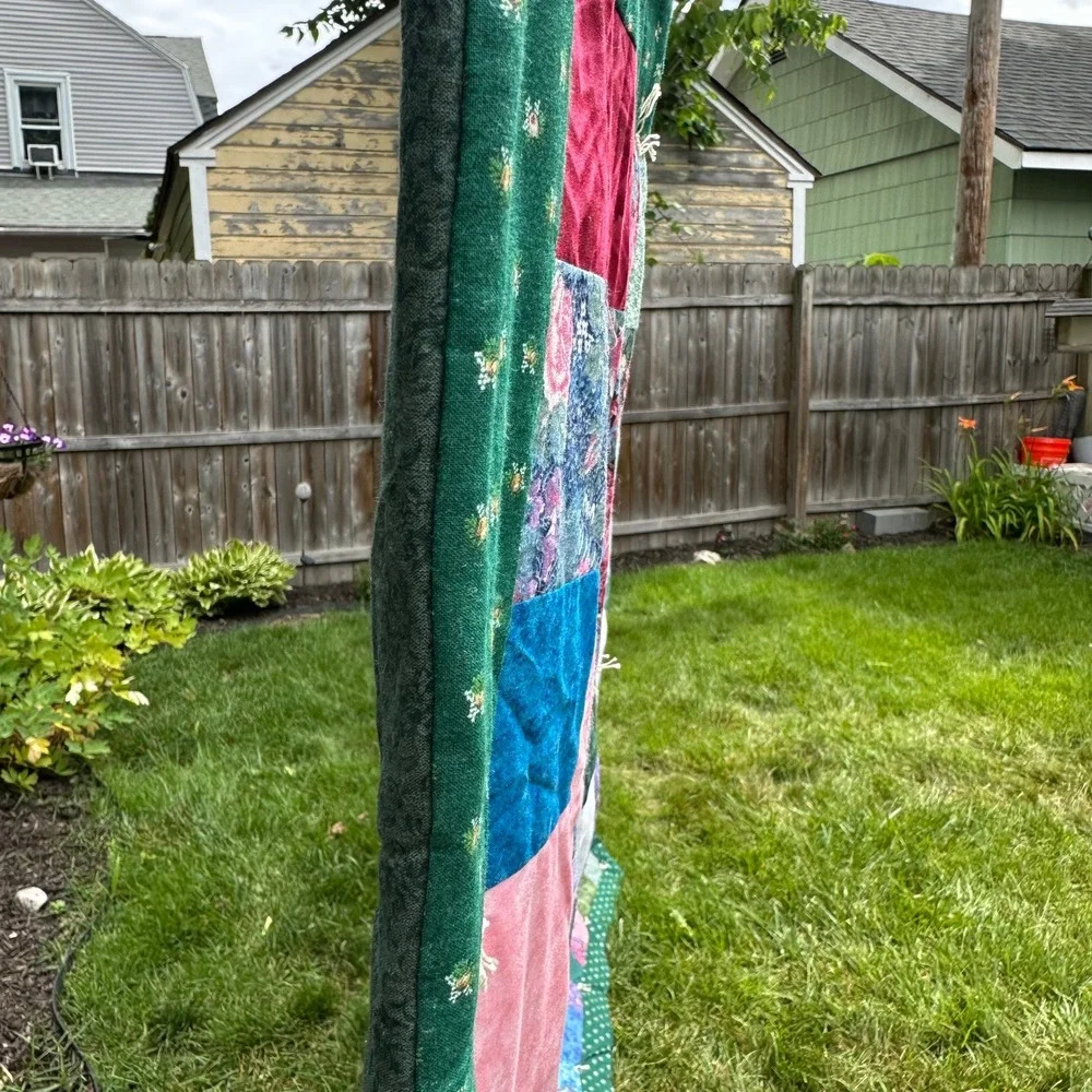 Handmade Patchwork Quilt Hand Tied Floral Multi Color Green Border Cottagecore